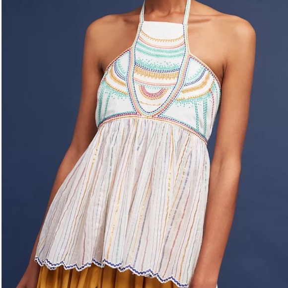 Anthro Tie Neck Itzel Halter Blouse w/ Stitching Details Small - Picture 1 of 5
